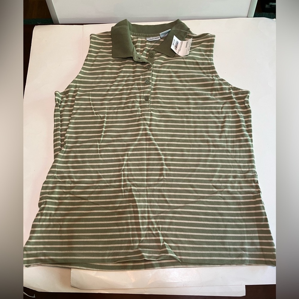 Cabin Creek Women’s Polo Shirt Tank Top Size Large Green Stripes New 100% Cotton